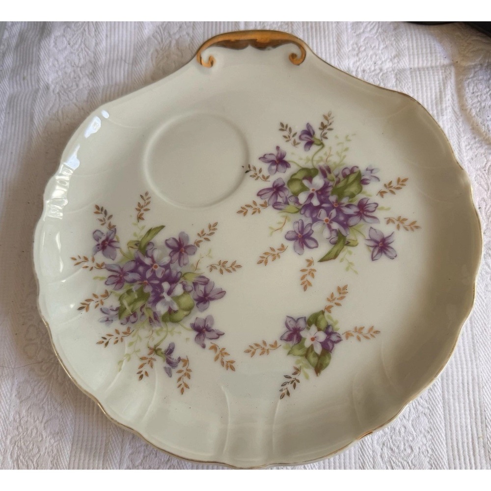 Vintage Snack/Luncheon Plate Violets Gold Rim Pair 8"  Scalloped‎ Edge